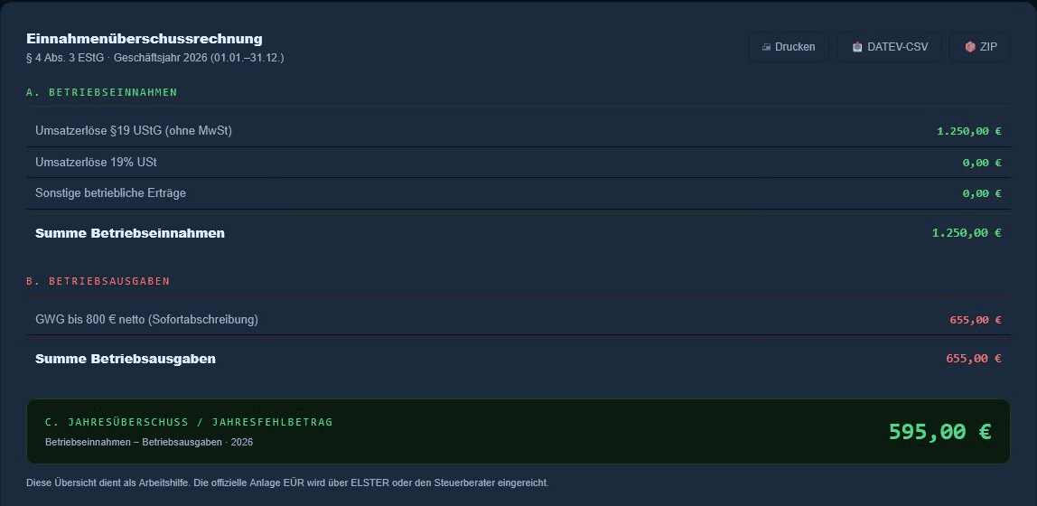 EÜR nach §4 Abs. 3 EStG in DJCockpit: Betriebseinnahmen 1.250 €, Betriebsausgaben 655 €, Jahresüberschuss 595 €