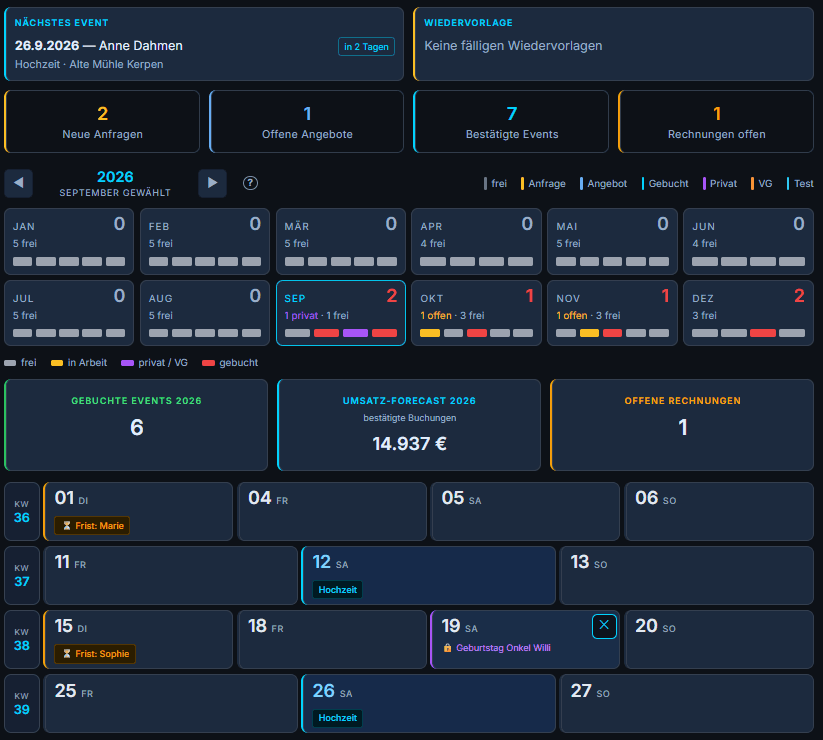 Kalender in DJCockpit: Jahresband mit freien Wochenenden, gebuchte Events, Fristen und private Termine im Wochenend-Kalender