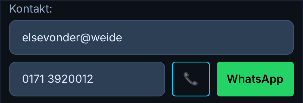 Kontaktzeile am Handy: Mailadresse, darunter Telefonnummer, Anruf-Knopf und WhatsApp-Knopf