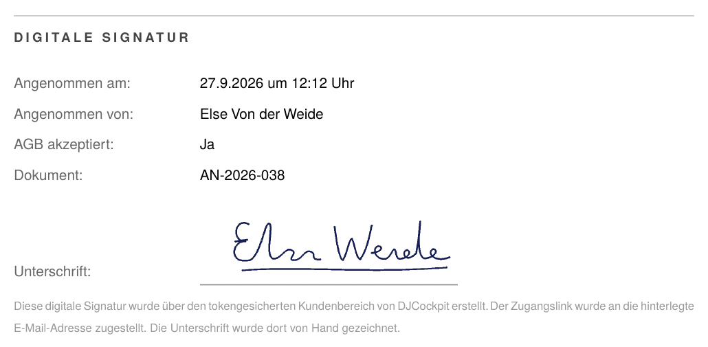 Unterzeichnetes Angebot als PDF, Abschnitt Digitale Signatur: angenommen am 27.9.2026 um 12:12 Uhr, angenommen von, AGB akzeptiert, Dokumentnummer und die von Hand gezeichnete Unterschrift