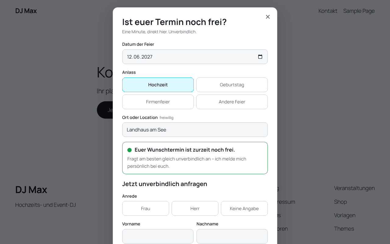 Das DJCockpit-Anfrageformular als Fenster über einer WordPress-Website, der Wunschtermin ist grün: noch frei