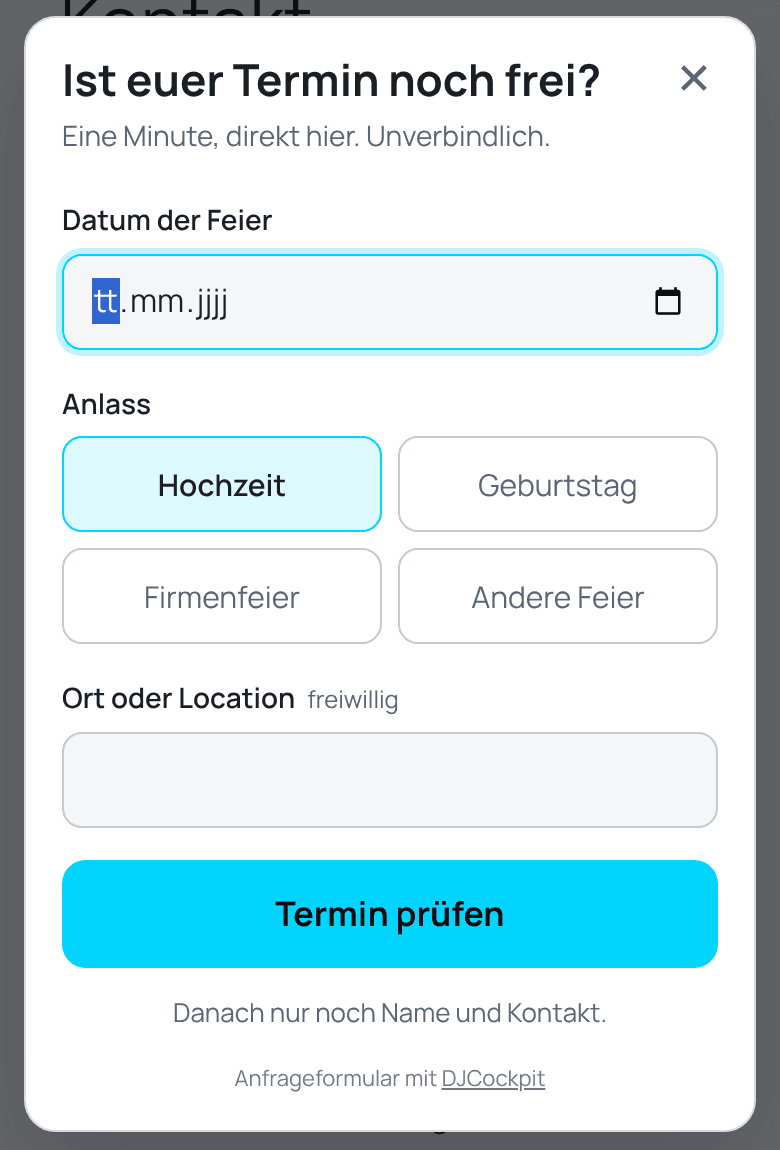 Das Anfrageformular als Fenster auf dem Handy