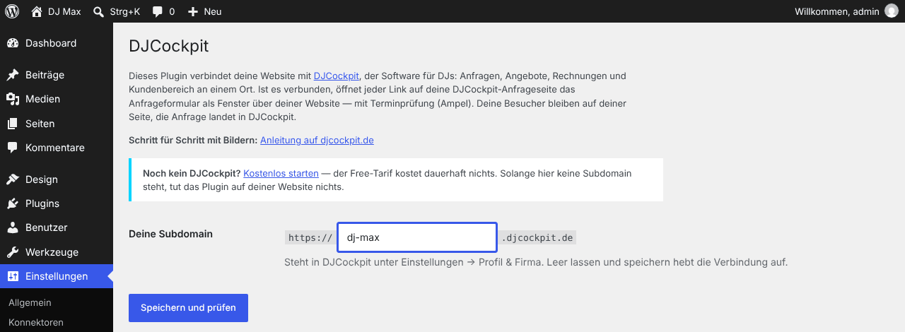 WordPress: Einstellungen → DJCockpit, im Feld „Deine Subdomain“ steht dj-max