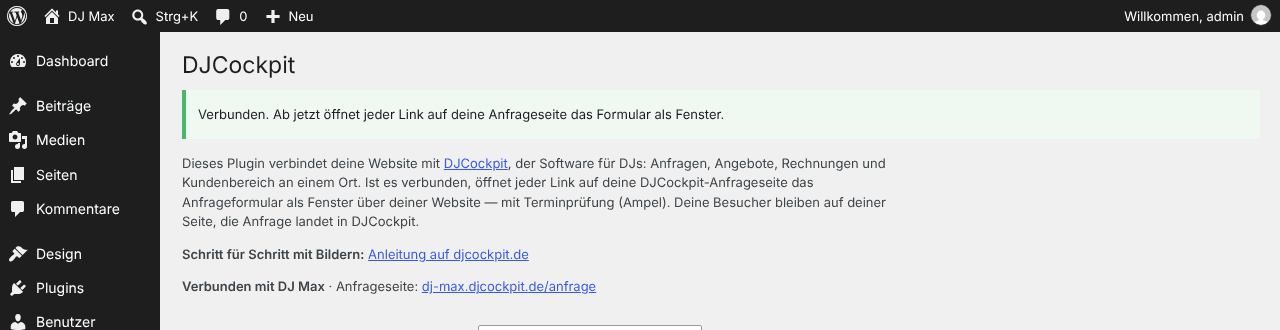 Grüner Hinweis: Verbunden. Ab jetzt öffnet jeder Link auf deine Anfrageseite das Formular als Fenster.